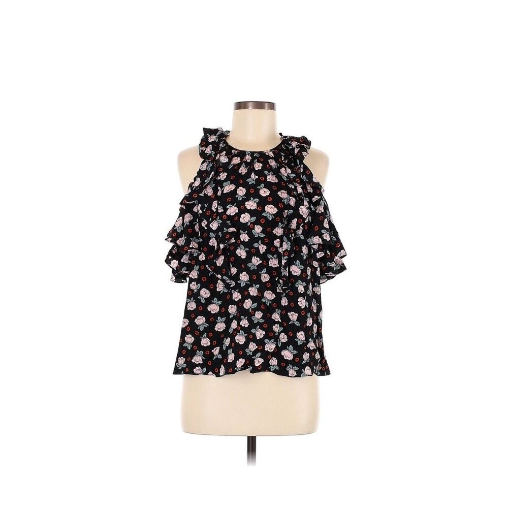 Rebecca Taylor Black Sleeveless Cold Shoulder Floral Ruffled Blouse Top Shirt 8